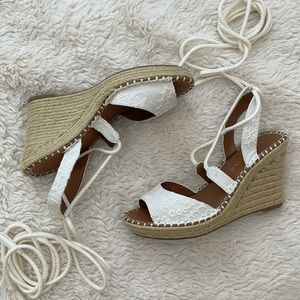 Lace Up White Eyelet Wedges